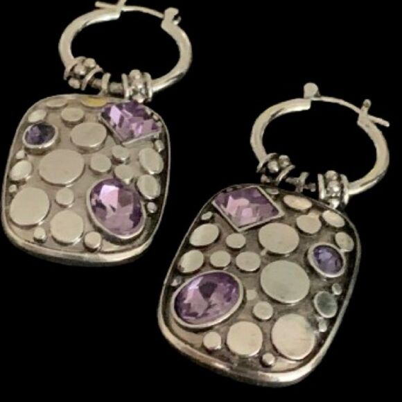 Balinese Style Faux Amethyst Gemstone Purple Crystal Drop Earrings, Silver Tone - Picture 1 of 12